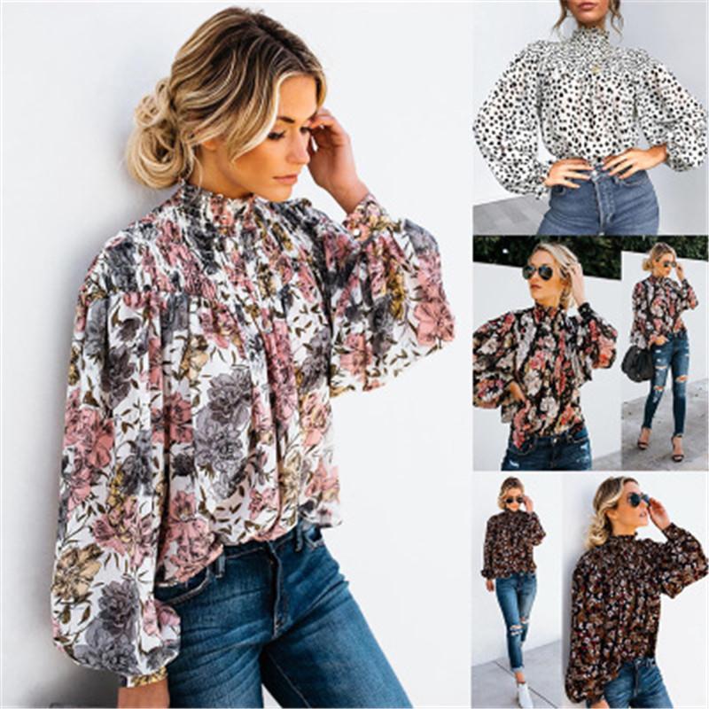 

Turtleneck Lantern Sleeve Chiffon Blouse Women 2020 Autumn Casual Retro Printed Pleated Ladies Shirts Long Sleeve Tee Tops Femme, 101230-black floret
