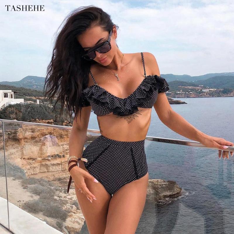 

2020 Bikini High Waist Swimsuit Women Ruffle Sexy Swimwear Female Bathing Suit Beachwear Lace Biquini Swim Maillot De Bain Femme1, White;black