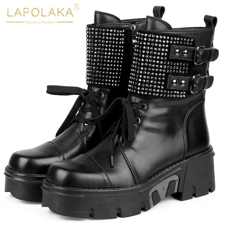 

Lapolaka 2021 Hot Sale Top Quality Cow Leather Belt Buckle Comfy Skidproof Waterproof Rivet INS Punk Style Motorcycle Booties, Black