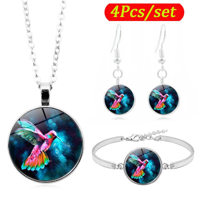 

Colorful Hummingbird Jewelry Set Glass Cabochon Photo Fashion Chain Necklace Bracelet Earring Jewelry Sets Gift Girl, As pic