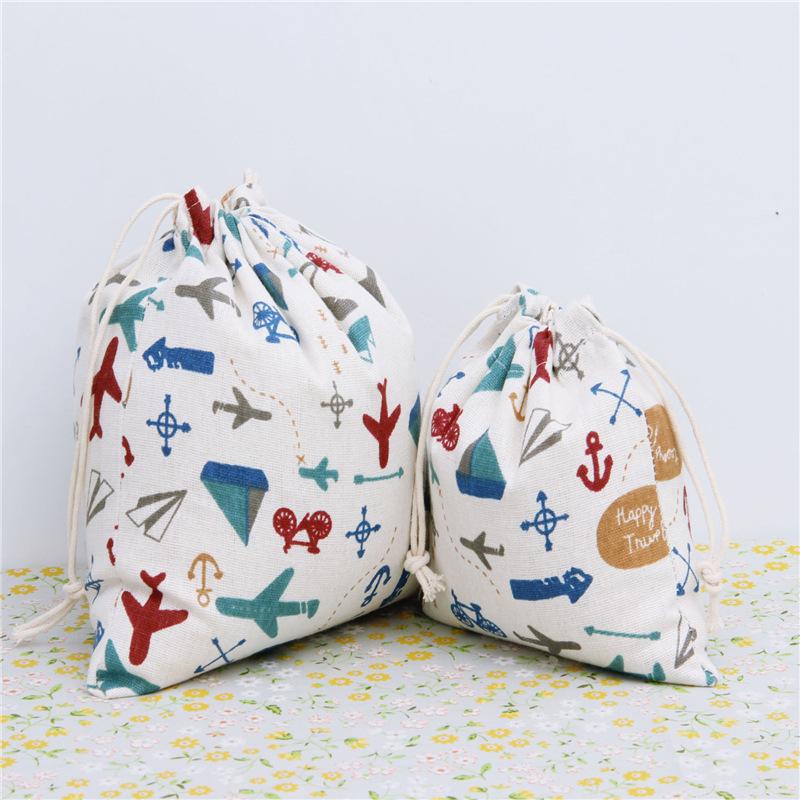 

N053 Handmade Linen Cotton Draw String Storage Bag Candy Sorted Bag Printed Plane Fight