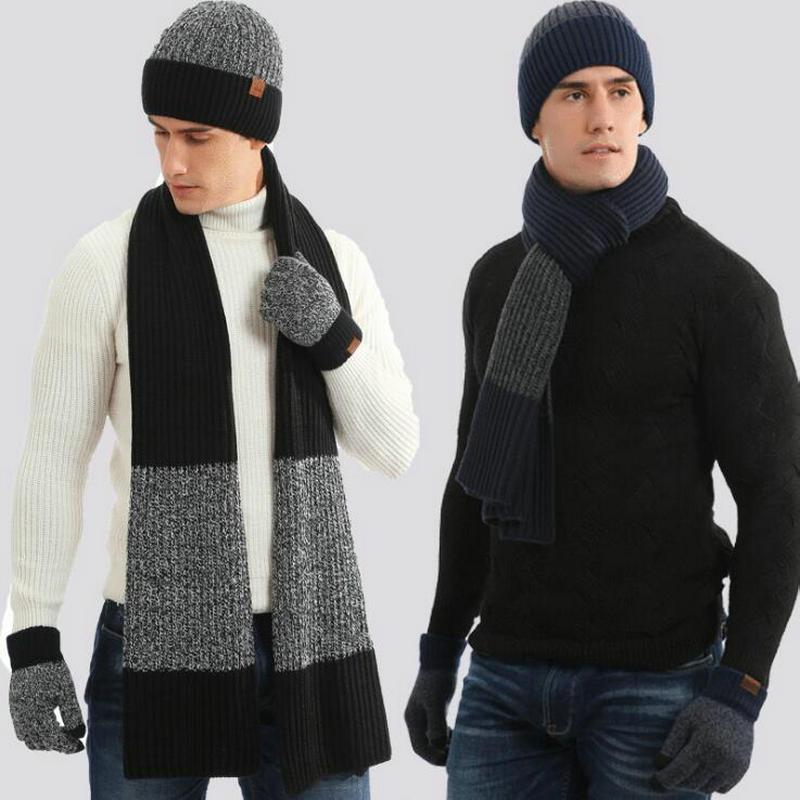 

Autumn and winter thick knitted woolen hat warm suit men and women hat scarf gloves three-piece suit