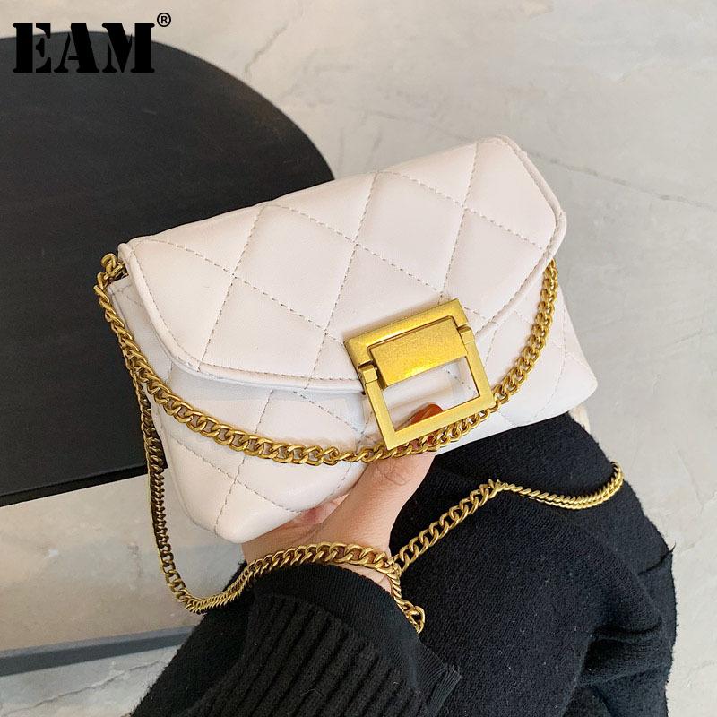 

[EAM] Women New Metal Chains Handbag PU Leather Flap Personality All-match Crossbody Shoulder Bag Fashion Tide 2021 18A1768, Black
