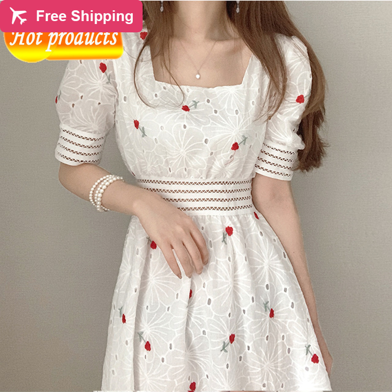 

2021 New Korean Female Holiday Style Flower Embroidered White Tea Short Sleeves Empire Dress Beach Dressed in Square Neck JKSV, Blue