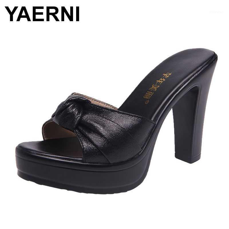 

YAERNIPlus Size 32-43 Block Heel Platform Slippers Women Wedding Shoes Summer 2020Open Head Bow High Heels Slides Ladies Slippe1, Black