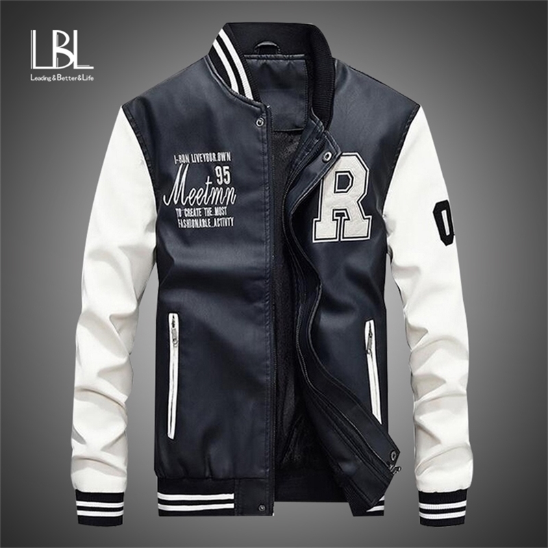 

New Men Leather Jacket Brand Embroidery Baseball PU Jackets Male Casual Luxury Winter Warm Fleece Pilot Bomber Jacket Coat 201124, Black fk063