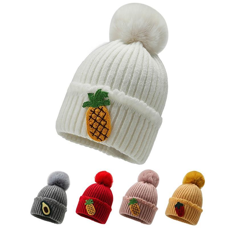 

1pc Warm Pom Pom Ball Decor Kids Hat Fruit Pattern Warm Fashion Winter Knit Hat Beanie Cap For Kid Clothing Accessories