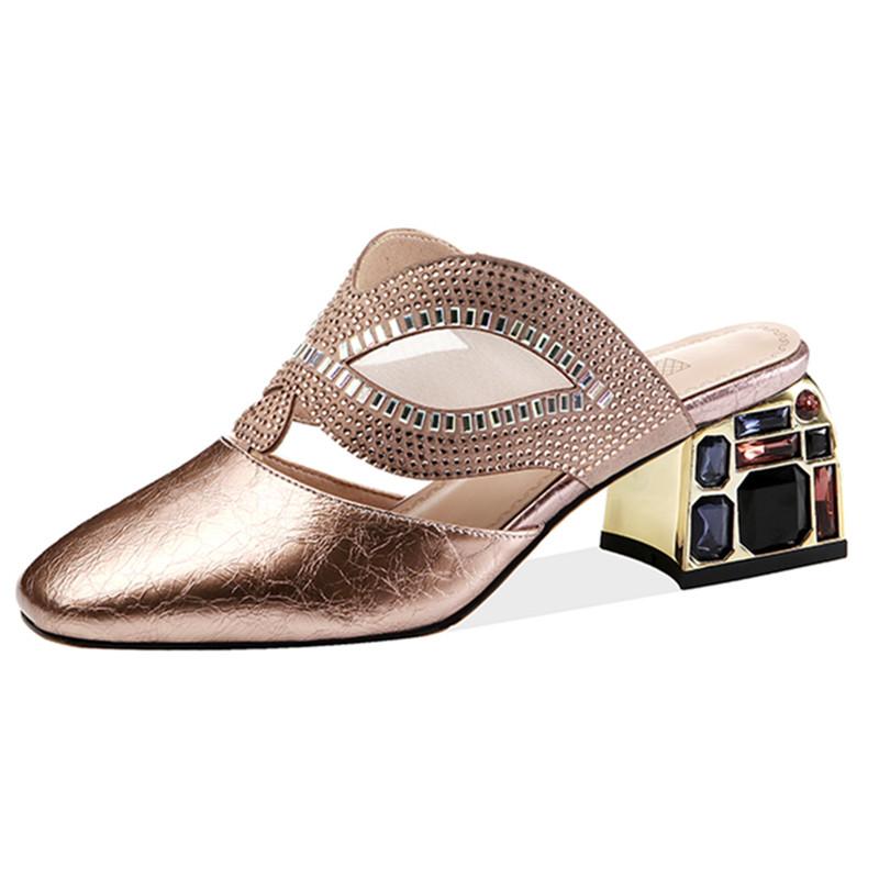 

Sexy crystal Women Mules Genuine Leather Thick Heels Pumps Newest Famale Wedding Party Shoes Woman Heels Size 341, Black