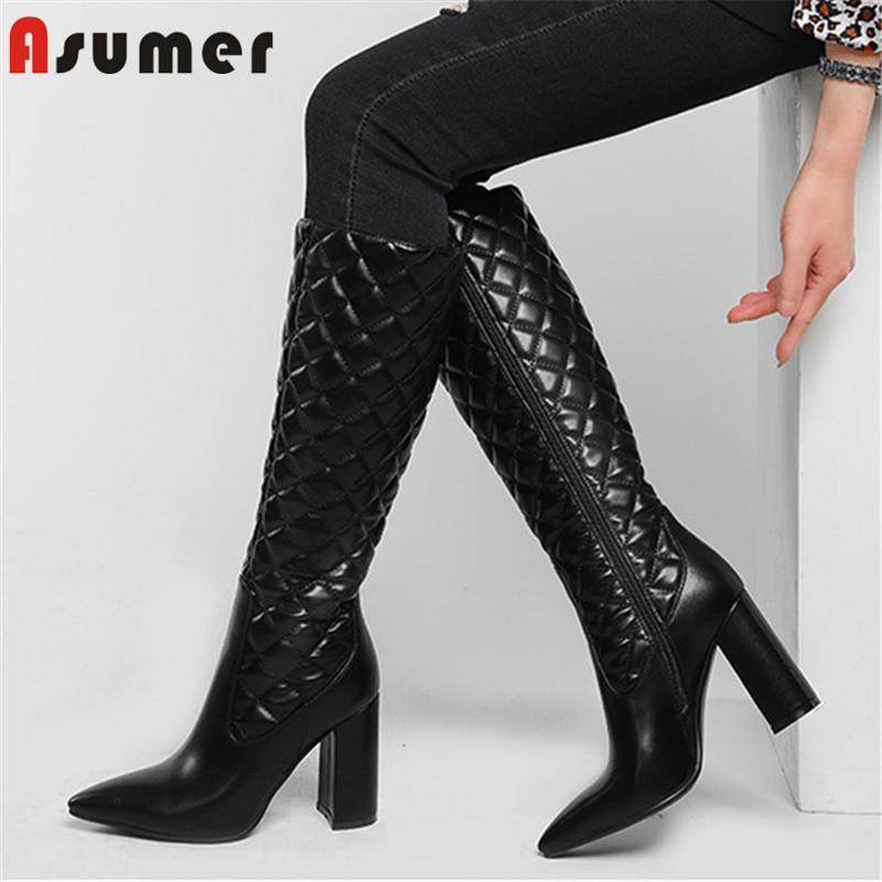 

Asumer 2021 Hot Sale Knee High Boots Women High Heel Casual Shoes Pointed Toe Zip Autumn Winter Long Boots Female Big Size, Black
