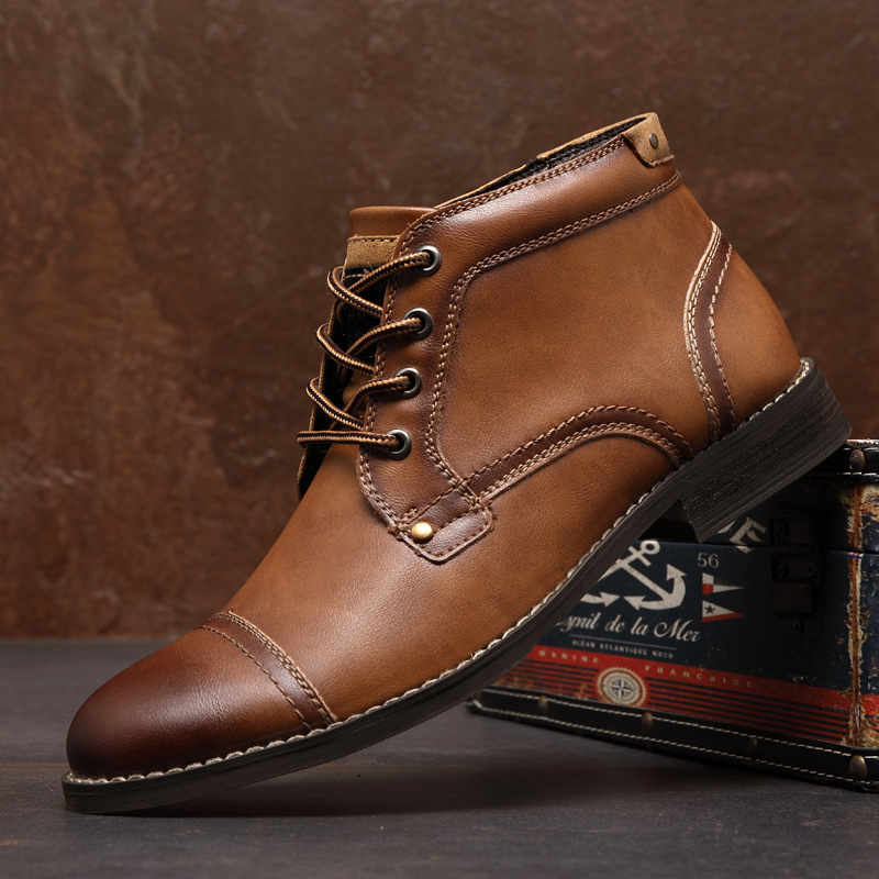 

British Retro Chelsea Boots Men Ankle Boots Leather Lace Up Men Business Dress Boots Winter High Top Casual Shoes for Men, Black
