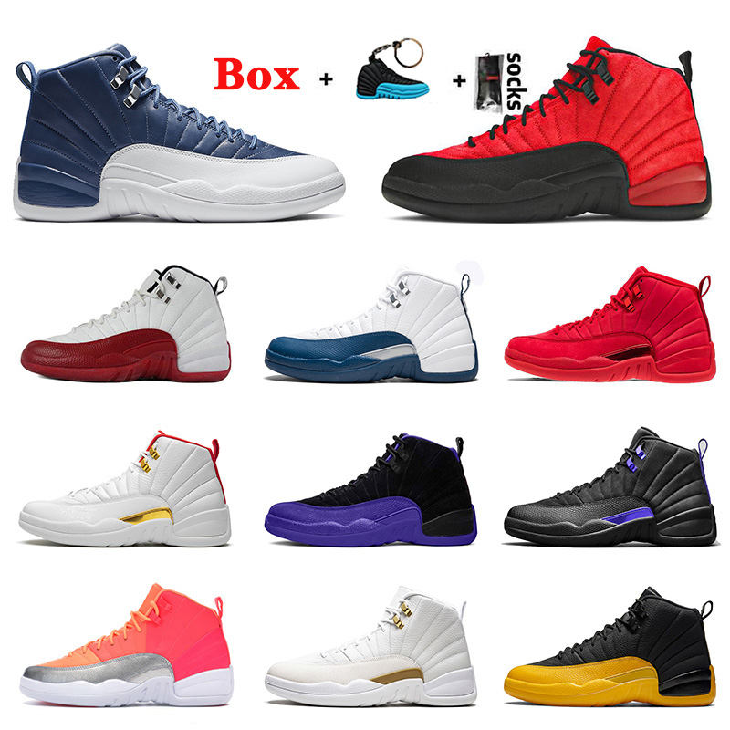 

With Box jumpman 12 mens basketball shoes 12s xii University Gold Stone Blue Gym OVO Bulls original sneakers size 36-47