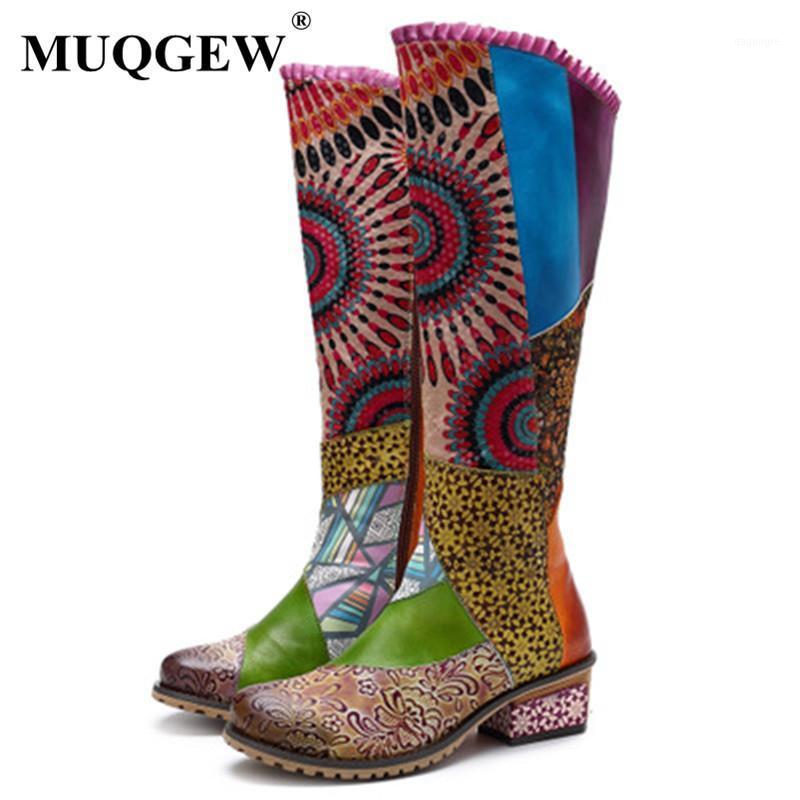 

Hot 2020 Vintage Patchwork Western Boots Women Shoes Bohemian Genuine Leather Shoes Woman Mid-calf Boots Autumn Botas Mujer 421, Brown