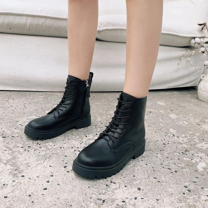

2020 Autumn New Fashion British Style Wild Strap With Thick-soled Stitching Short Boots Women Round British Style Boots, Black single lining