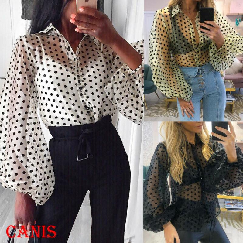 

2021 Fashion Dots Blouse Women Sexy Sheer Polka Dot Organza Blouse Top Perspective Puff Sleeve Blusas Women Shirts, Black