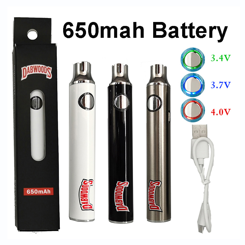 

Dabwoods Vape Pen Carts Battery Black Silver Dabwoods Packaging 650mAh Vaporizer 510 Thread Battery Starter Kits Variable Voltage USB Cable