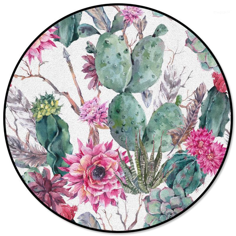 

Tropical Plant Green Cactus Pink Flower Printed Round Carpet for Living Room Kids Bedroom Table Sofa Carpet Area Rug Mats1, As pic