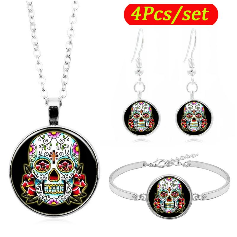 

Vintage Skull Rose Photo Glass Cabochon Women Jewelry Set Chain Necklace Bracelet Earring Jewelry Sets for Women, As pic