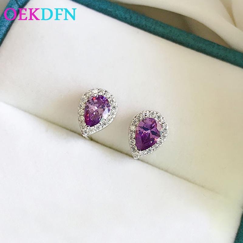 

Stud OEKDFN Real 925 Sterling Silver Earrings Water Drop Amethyst Gemstone Romantic Cute Ear Studs/Earrings For Women Fine Jewelry
