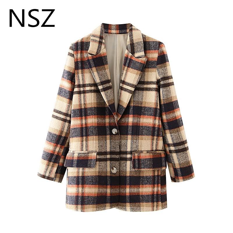 

NSZ Women Oversized Woolen Plaid Blazer Elegant Single Breasted Suit Coat Fashion Ladies Checked Coat, 06-1