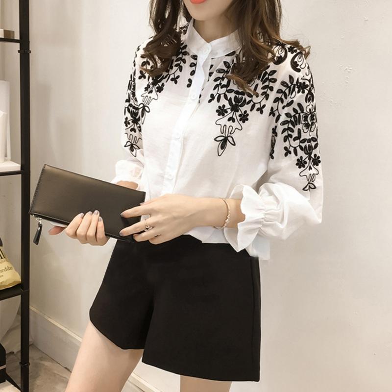 

Summer Lady Fashion Linen Shirts Long Sleeves Blouses Black Embroidery White Tops Women's Cotton Casual Clothing, As the picture shows