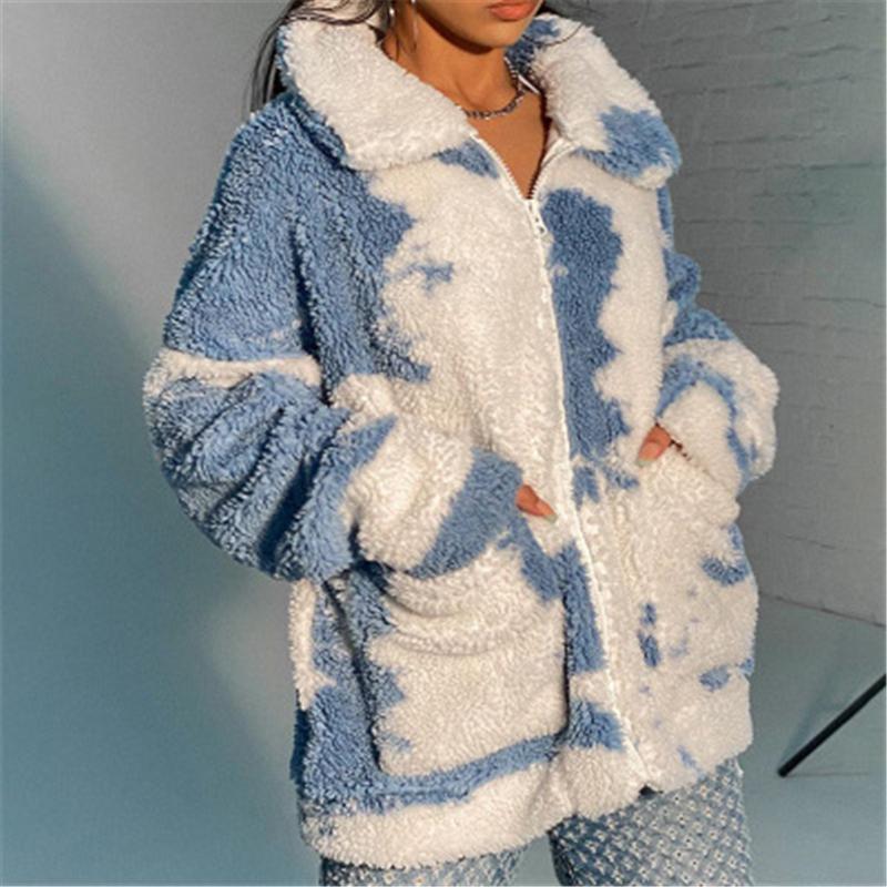 

Ladies Tie-dyed Lamb Wool Coat Fashion Trend Long Sleeve Thicken Lapel Plush Outerwear Designer Female Winter New Casual Loose Coats, Blue