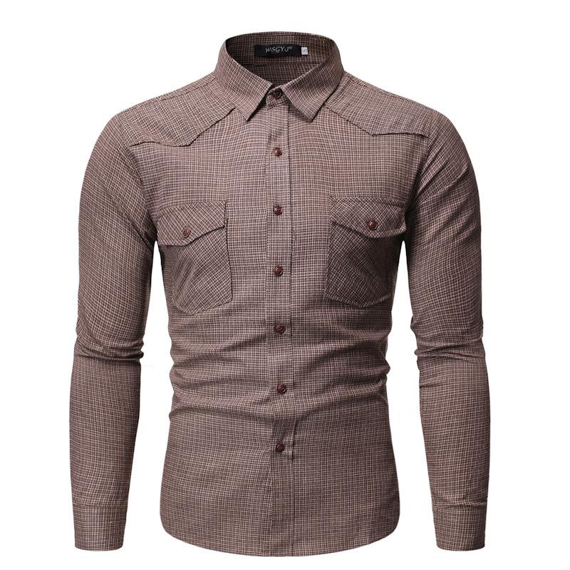 

Men' Casual Shirts New Long Sleeve Slim Check Shirt Iron Free Double Chest Pockets Daily Life Business Office Work Gray Coffee