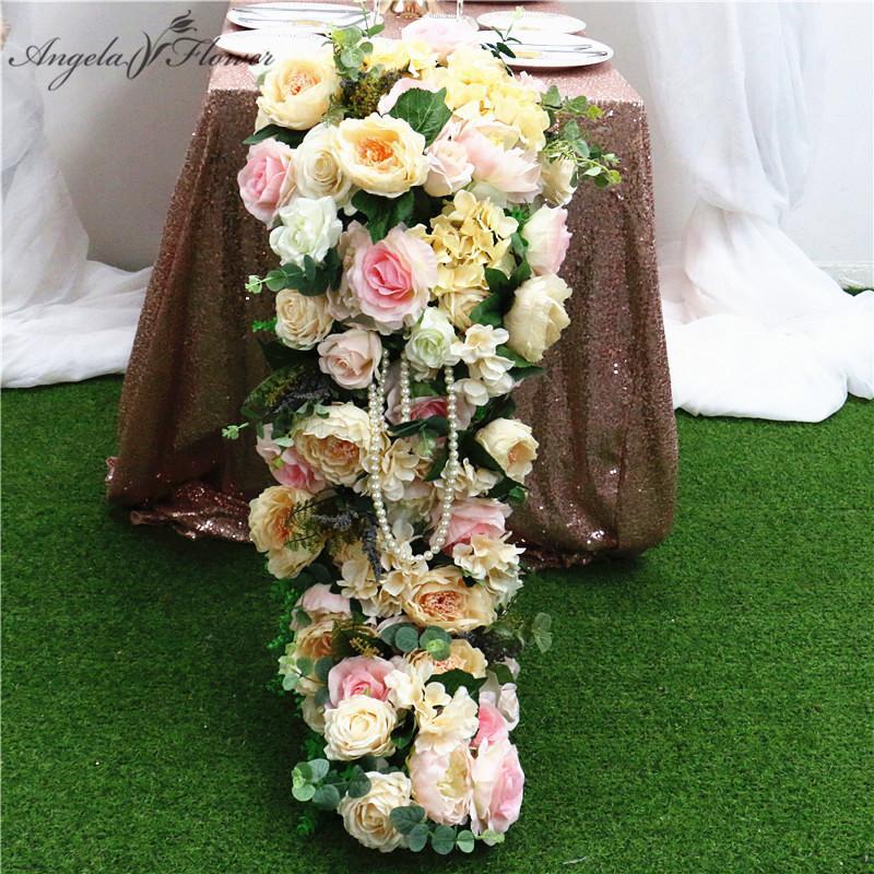 

Luxury Wedding Table Runner Silk Artificial Flower Arrangement Decoration Dining Table Road Guide Wedding Party Props Flwoer Row1, Blue