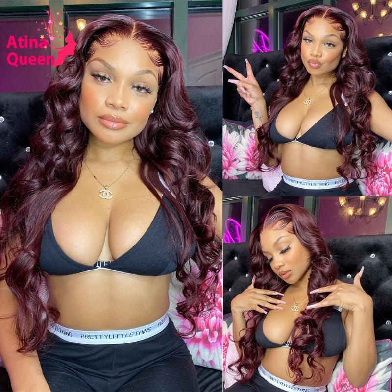 

Colored Body Wave 99J Burgundy Lace Front Wig Pre Plucked Glueless Perruque Longue Red Human Hair Wigs For Women 250% Density, As pic