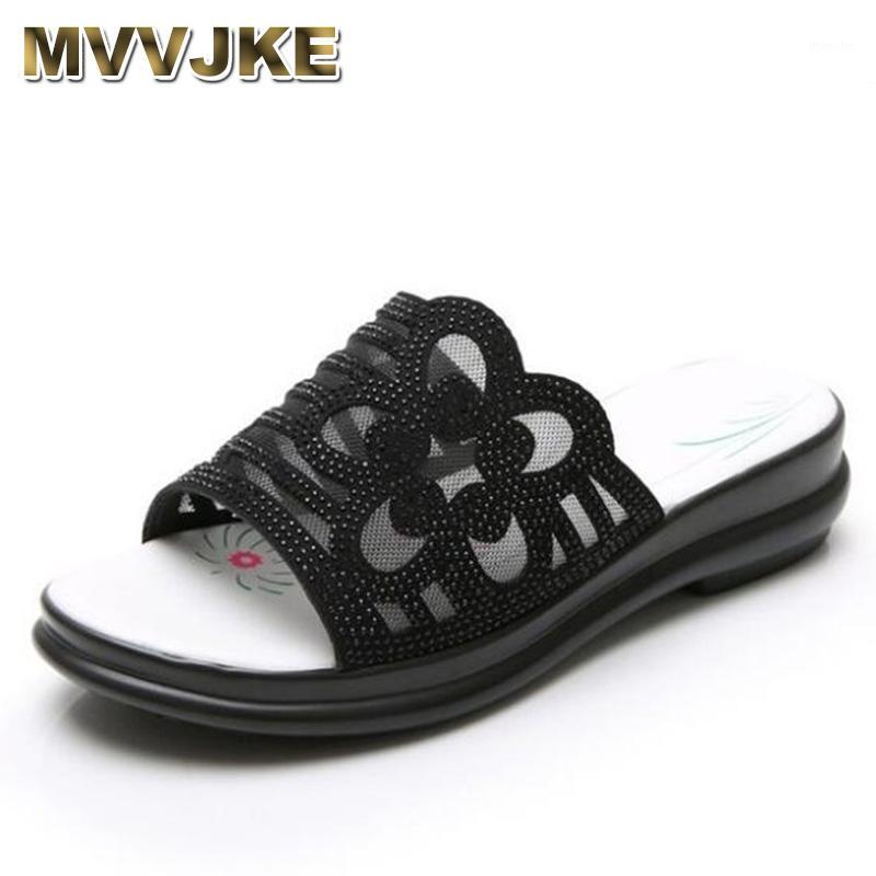 

MVVJKE2020 famous breathable mesh rhinestone sandals women fashion thick soled slippers big size summer casual slippers women s1, Black