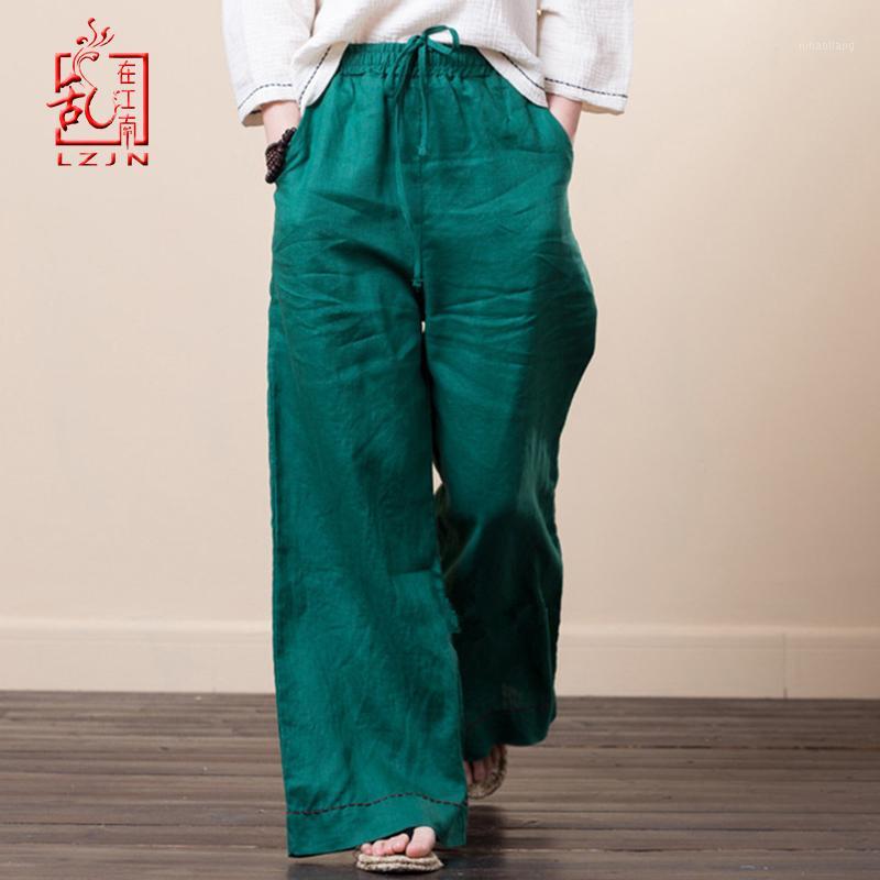 

LZJN Women Culottes Wide Leg Pants 2020 Summer Long Trousers Elastic Waist Pockets Solid 100% Linen Pants Loose Bottom Plus Size1, Beige