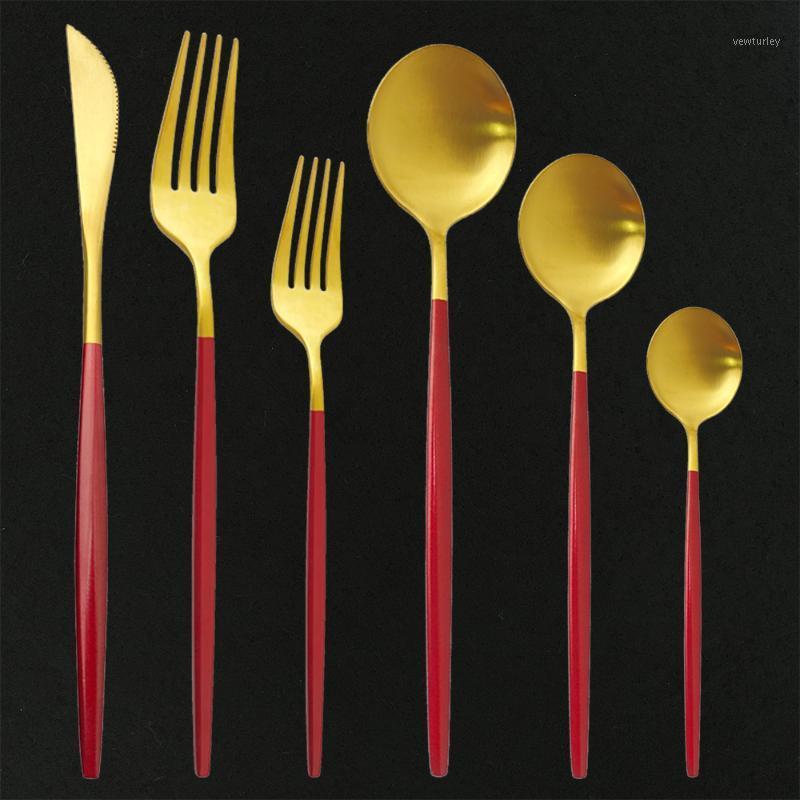 

36Pcs Red Gold Matte Flatware Cutlery Set 304 Stainless Steel Dinnerware Set Dessert Fork Spoon Silverware Kitchen Tableware1