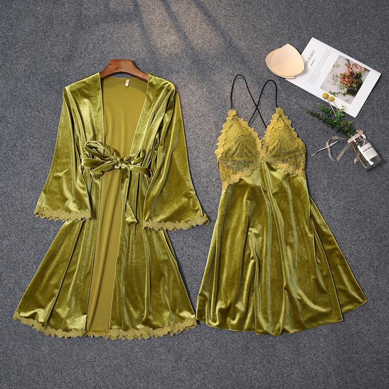 

Women Green Kimono Robe Gown Suit Sexy V-Neck Backless Nightdress With Bra Autumn New Velour Nightgown Sweet Lace Trim Bathrobe, Black