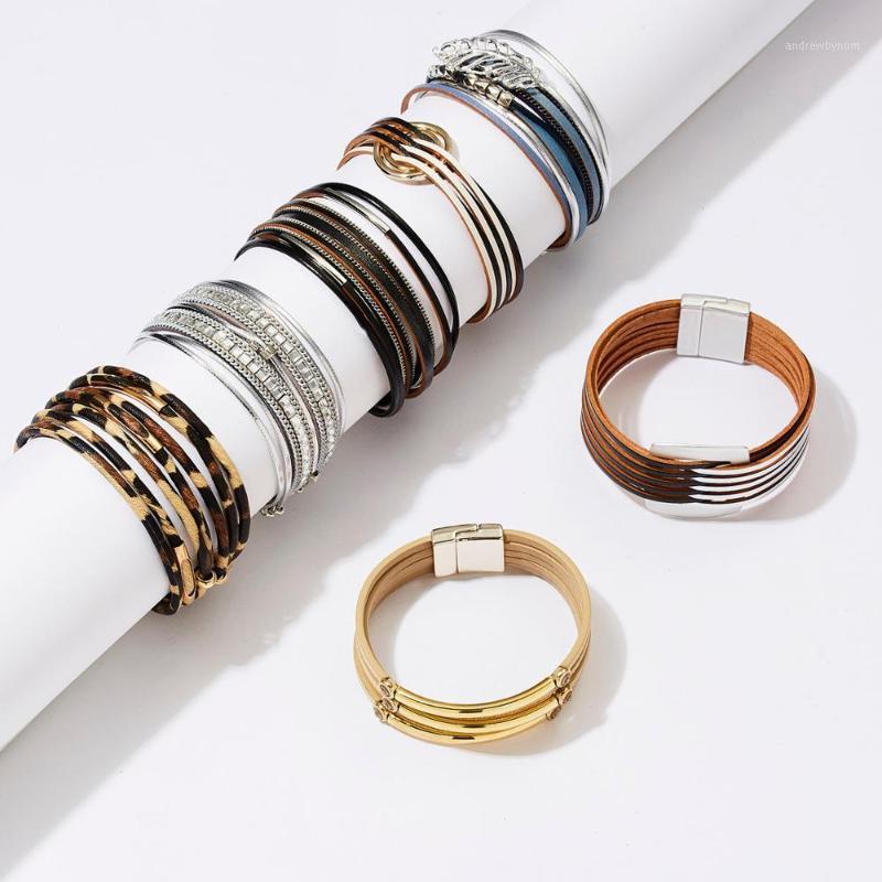 

2020 Fashion Leopard Leather Bracelets For Women Bracelets & Bangles Multilayer Geometric Magnetic Buckle Wrap Bracelet Jewelry1
