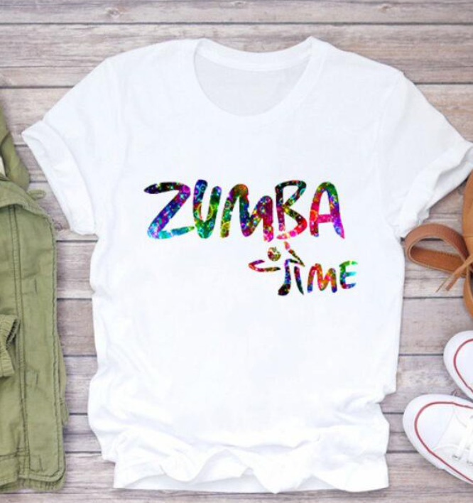 

Rainbow Zumba lover print white T-shirt Women's fashion round collar large size short sleeve hip Hop women's T-shirt, 01