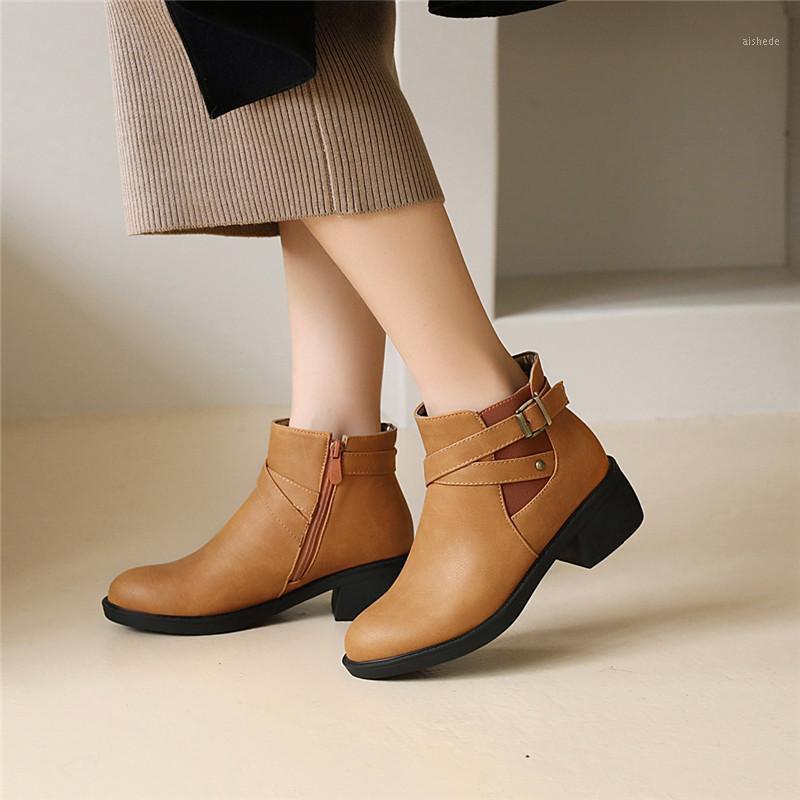 

YQBTDL Winter Plush Thicker Booties Woman Chunky Heels Buckle Cross Strap Brown Black Women Ankle Boots Biker Motorcycle Shoes1