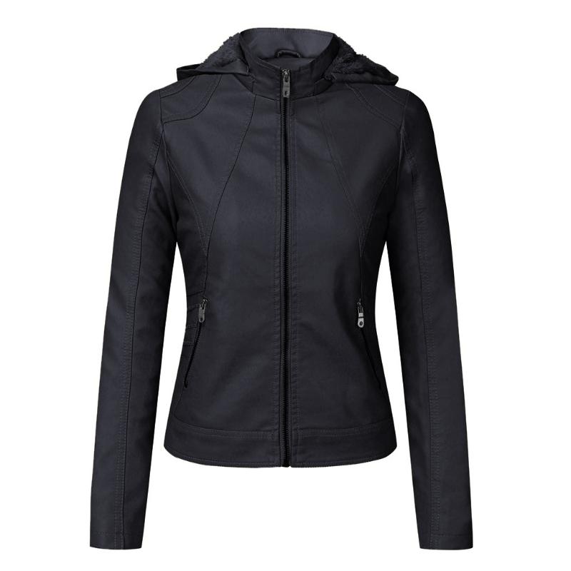 

2021 winter jacket strong wear-resistant PU leather jacket pocket zipper casual women plus fleece hooded plus size, Black