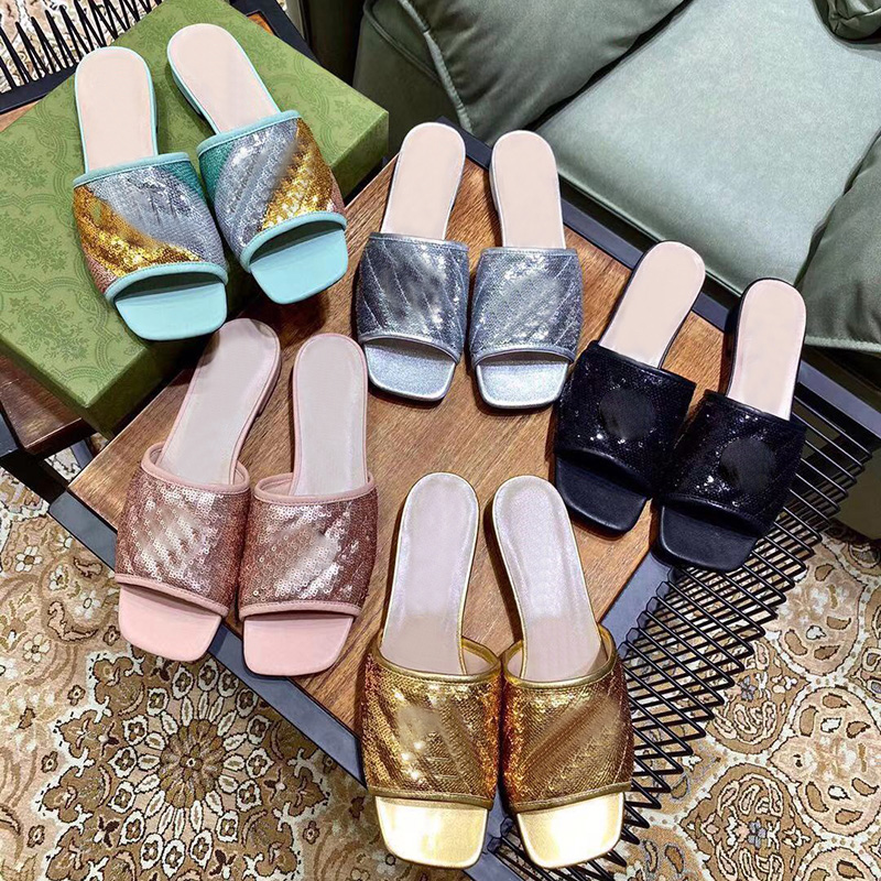 

Fashion designer slippers Rainbow color womens sandals embroidery Sequin shoes low heels Large size casual sandal 35-42 classic button flat women slipper with box, 6#
