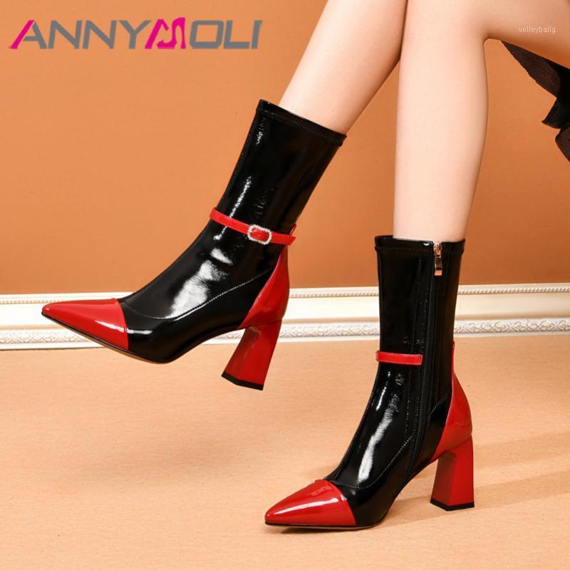 

ANNYMOLI Buckle Real Leather High Heel Mid Calf Boots Women Shoes Pointed Toe Thick Heels Zip Fashion Boots Female Autumn Red 421, Black