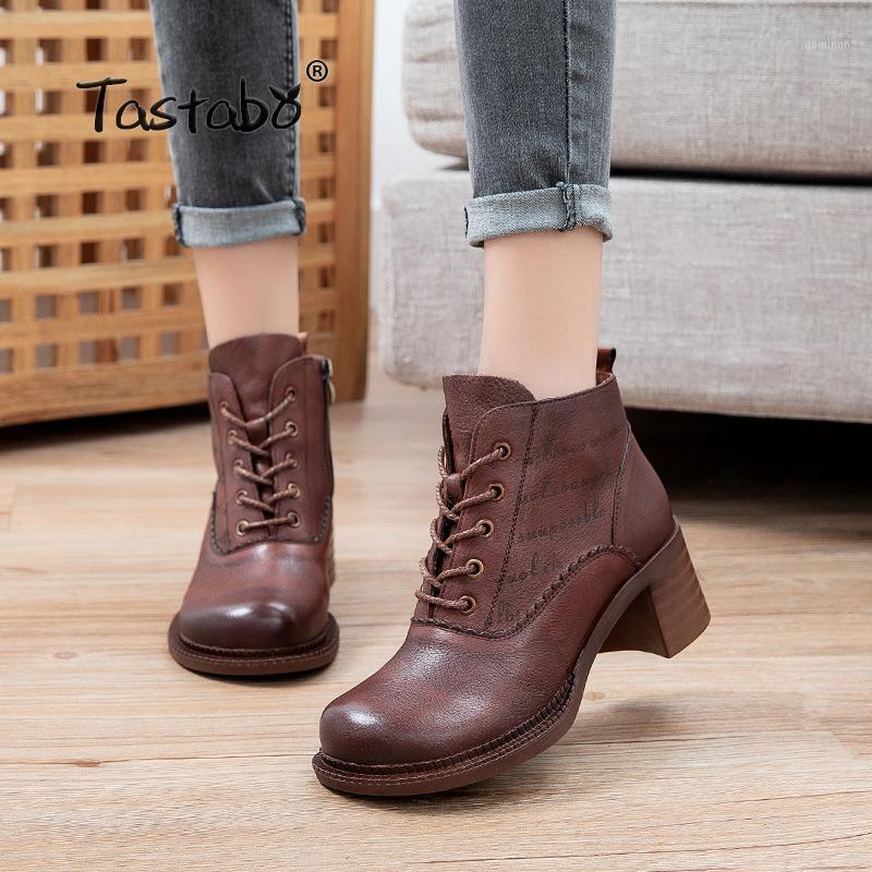 

Spring Autumn Women Boots Genuine Leather Thick Heels Ankle Boots For Women Shoes Retro Handmade Zipper Short 206191, Black