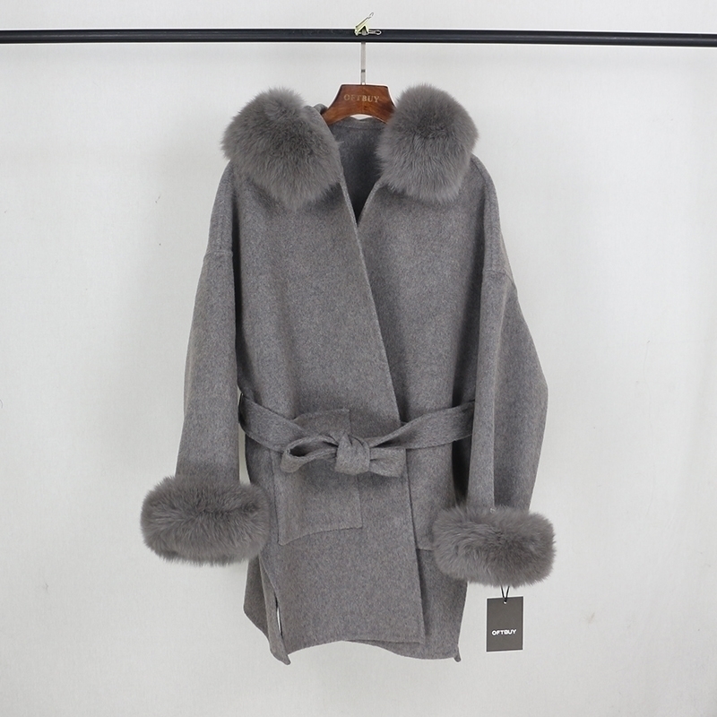 

OFTBUY Real Fur Coat Winter Jacket Women Natural Fox Fur Collar Cuffs Hood Cashmere Wool Woolen Oversize Ladies Outerwear 201104, Short dark grey