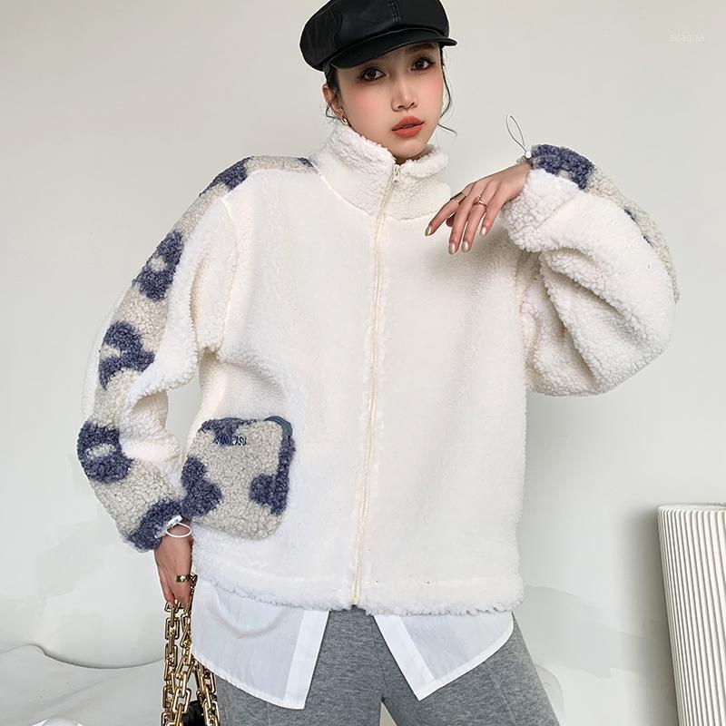 

2020 New Korean Style Loose Color Matching Flower Woolen Blend Stand Collar Zipper White Coat Fashion Tide D0341, Picture color