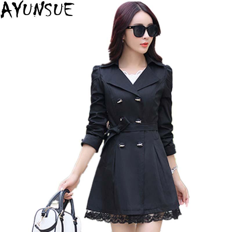 

AYUNSUE 2020 Trench Coat For Women Spring Coat Double Breasted Lace Casaco Feminino Autumn Outerwear Female Windbreaker CJ095, Green