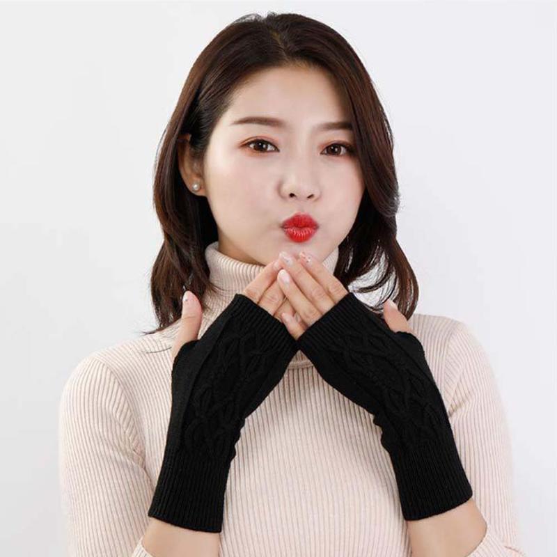 

Women Winter Fingerless Cashmere Knit Gloves Twist Half-Finger Wrist Protector Female Elastic Wool Mittens With One Hole
