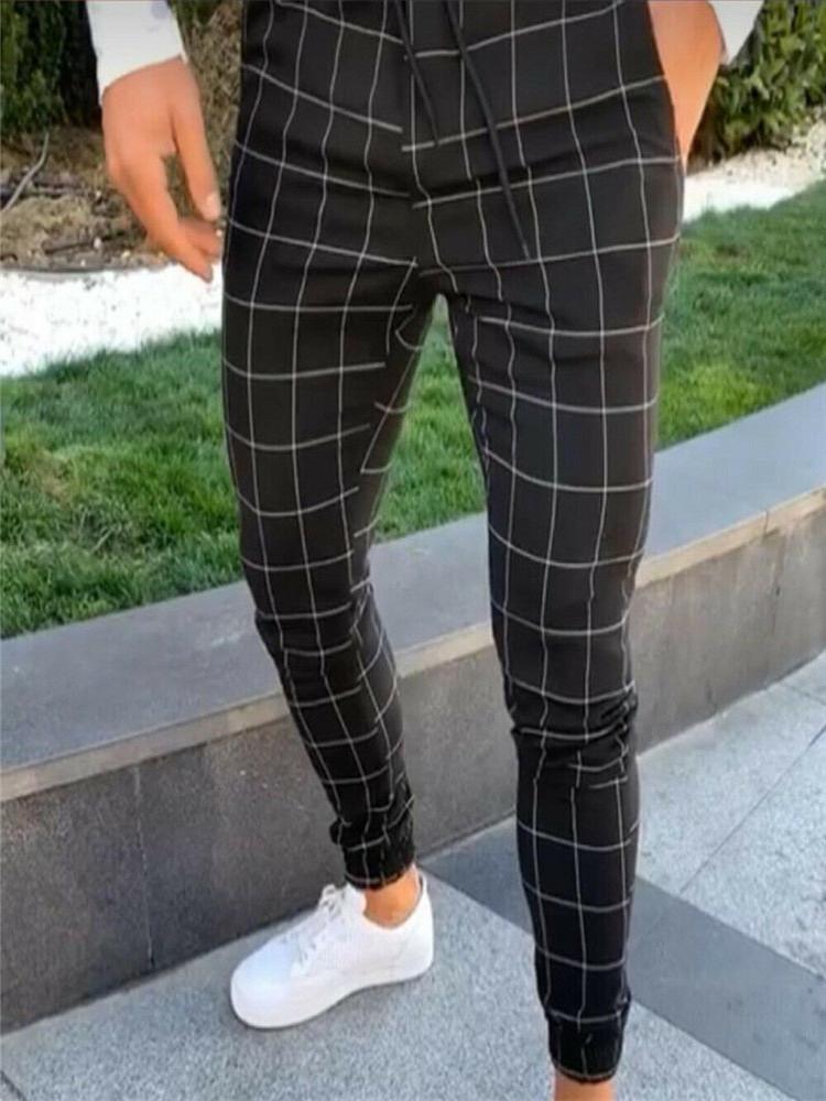 

2020 sexy high wasit spring summer fashion pocket Men's Slim Fit Plaid Straight Leg Trousers Casual Pencil Jogger Casual Pants, Black