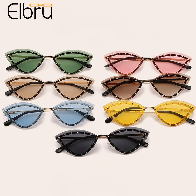 

Elbru Vintage Cat Eye Rimless Sunglasses Women Diamond Metal Sun Glasses Brand Designer Colorful Eyewear For Female UV400 Oculos