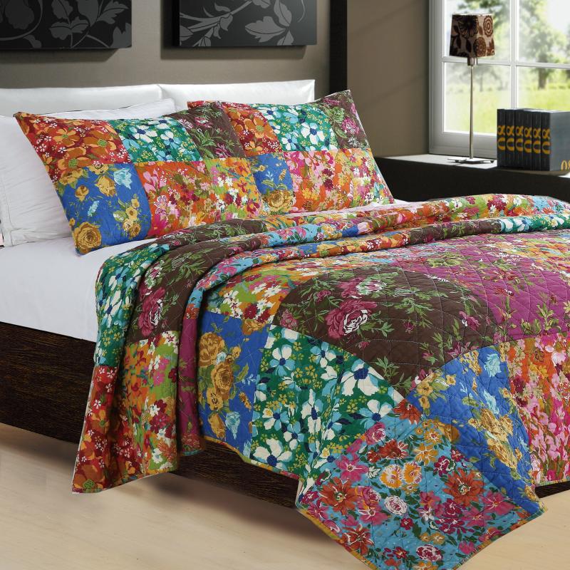 

All season Country style Floral Patchwork Handmade Shabby Queen size 3-Pieces Bedspread 2 pillow shams Ultra Soft Bed cover set