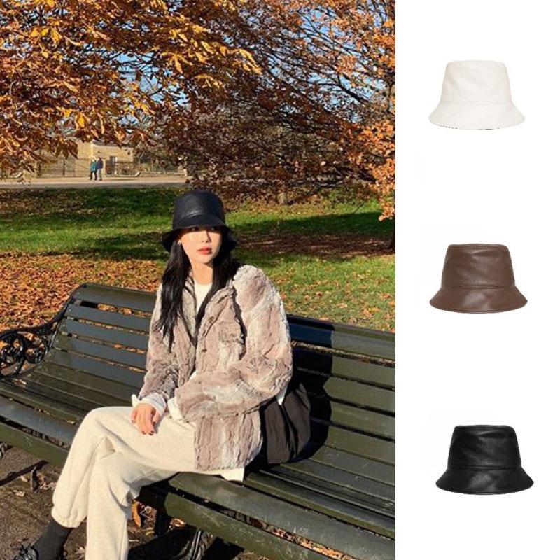

Japanese Designer New Autumn and Winter PU Leather Fisherman Hat. Korean Version of The Basin Cap of Abstinence.Small Bucket Cap, White