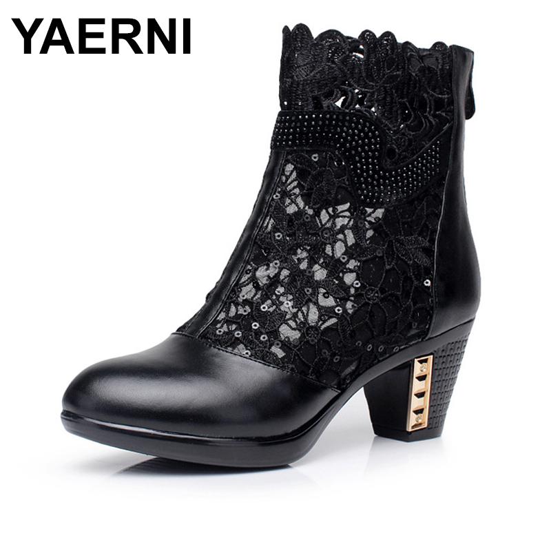 

YAERNI 2020 Genuine leather female spring and autumn cutout mesh boots medium heel shoes women's mar boot E331, Black