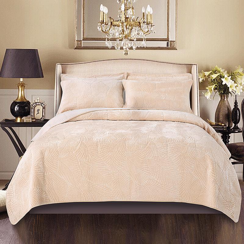 

Fleece Stitch Leaves Chic Quilt Coverlet Bedspread Blanket+Two Pillow Shams Queen size Gray Beige Ultra Soft Warm Bed cover set