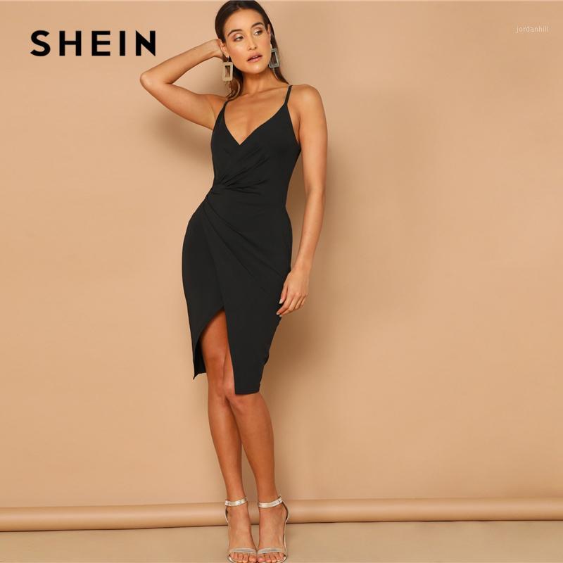 

SHEIN Sexy Black Overlap Split Front Backless Bodycon Summer Midi Cami Dress Women Straps V Neck Wrap Sheath Club Slim Dresses1